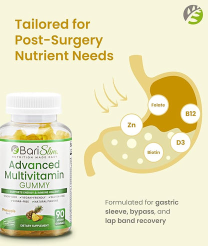 BariSlim Advanced Bariatric Multivitamin Gummies - Specially Formulated Bariatric Vitamins for Patients After Weight Loss Surgery - Supports Energy & Immune Health | Pineapple (90 Vegan Gummies)