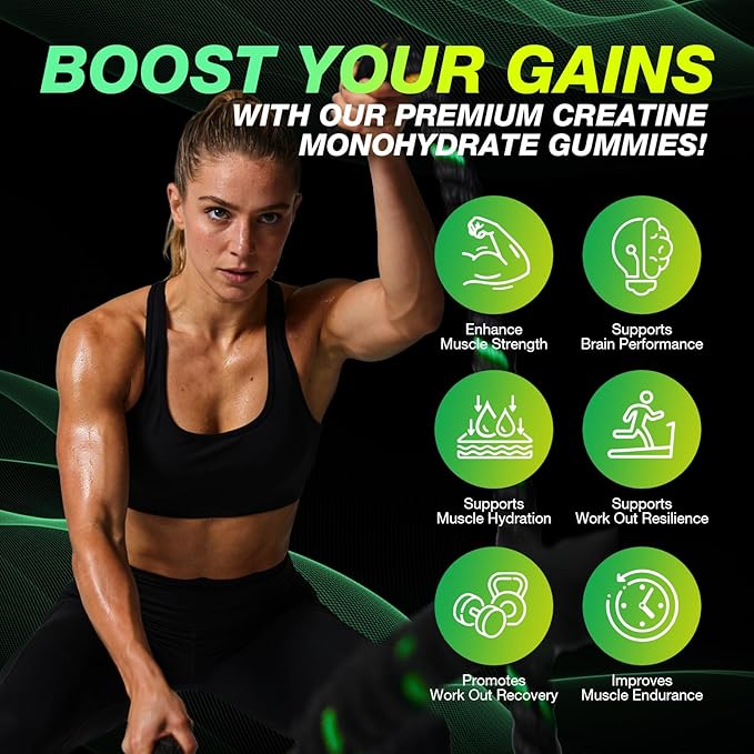 Creatine Monohydrate Gummies 8500MG for Men & Women - Creatine Gummies Sugar Free Pre Workout, Promote Muscle Growth, Boost Strength & Energy, 120 Count Green Apple