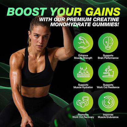 Creatine Monohydrate Gummies 8500MG for Men & Women - Creatine Gummies Sugar Free Pre Workout, Promote Muscle Growth, Boost Strength & Energy, 120 Count Green Apple