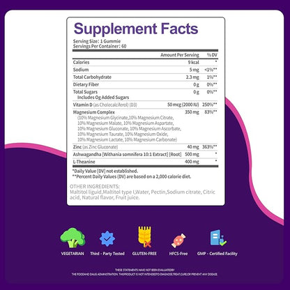 Magnesium Complex Gummies, Ashwagandha, Zinc, Vitamin D3, L-Theanine, Sugar Free 10-in-1 Magnesium with Glycinate Citrate, Malate for Sleep Muscle & Immune Support, 350mg 60-Day Supply (Mixed Berry)