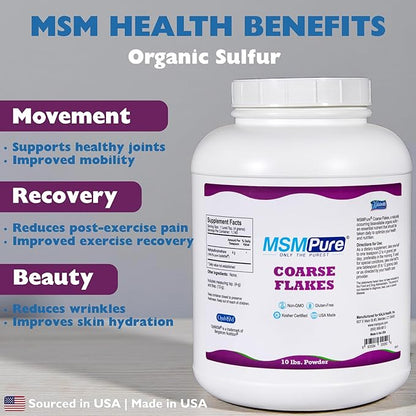 KALA HEALTH MSMPure Coarse MSM Powder Flakes – US-Made MSM for Joint Health, Skin Appearance, and Hair & Nail Support – 10 lb, Organic Sulfur