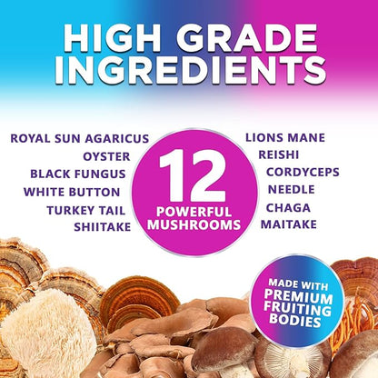Mushroom Gummies Supplement 12 in 1 - High Grade Blend for Adults with Lions Mane, Reishi, Cordyceps, & Chaga Mushroom Complex Gummy, Memory & Immune Support & Nootropic Brain Supplements - 60 Gummies