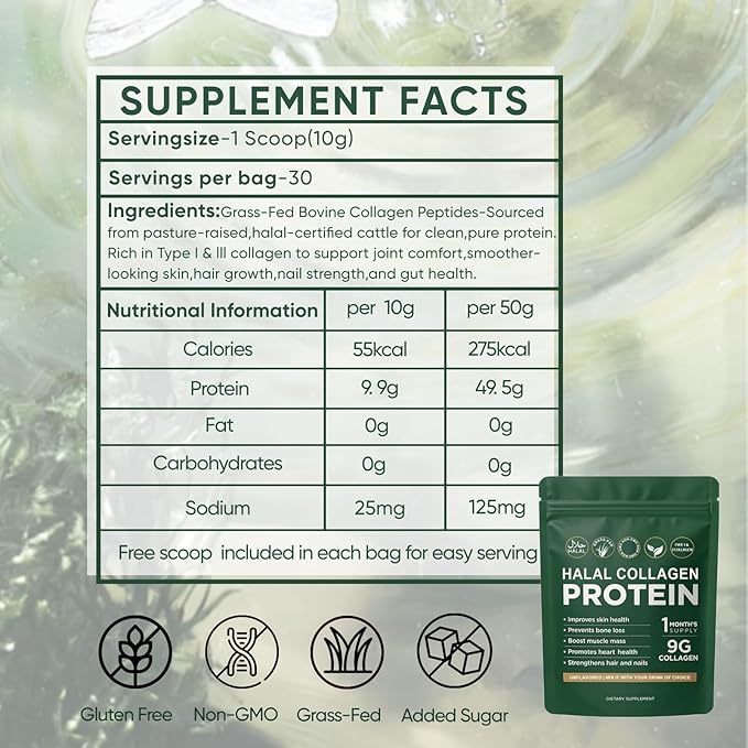 Halal Collagen Protein Powder, Grass-Fed Collagen Peptides Powder, Type I&III, 100% Hydrolyzed for Hair, Skin, Nails, Gut, Bone & Joint Health for Women and Men, Sugar Free, Unflavoured (1)