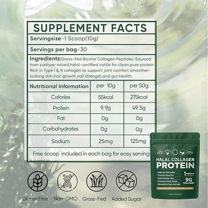 Halal Collagen Protein Powder, Grass-Fed Collagen Peptides Powder, Type I&III, 100% Hydrolyzed for Hair, Skin, Nails, Gut, Bone & Joint Health for Women and Men, Sugar Free, Unflavoured (1)