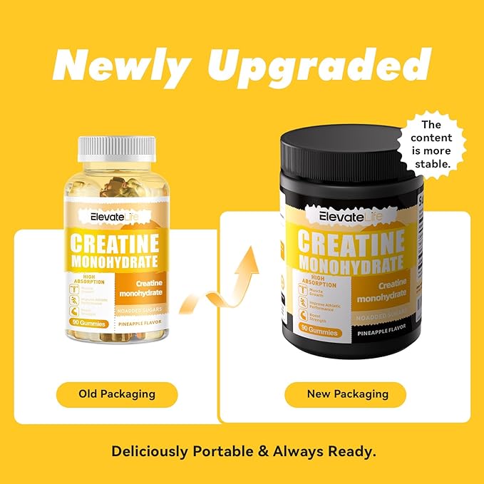 ElevateLife NSF Certified Creatine Monohydrate Gummies 5000mg for Men & Women, Chewables Creatine Monohydrate for Muscle Strength, Muscle Builder, Energy Boost, Pre-Workout Supplement-90 Pineapple