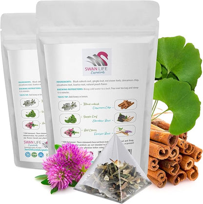 Black cohosh root - MENOPAUSE TEA 14 DAYS - tea for menopause, organic tea for menopause, gingko leaf, red clover herb, cinnamon chip, green tea, licorice root, eleuthero root 1 Pack 14 Bags