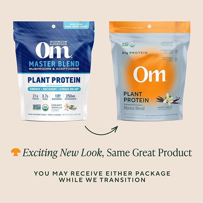 OM MUSHROOM SUPERFOOD Master Blend Vegan Protein – Creamy Vanilla Plant Protein with 10 Mushrooms, Ashwagandha, BCAAs & B12 – Energy, Recovery & Immune Support – 1.2 lb (16 Servings)