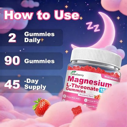 90 Count Magnesium L-Threonate Gummies, High Absorption Magnesium Threonate Supplement for Adults & Kids, Support Brain Health, Memory, Focus, Restful zzZ & Muscle, Sugar Free, Vegan, Non-GMO