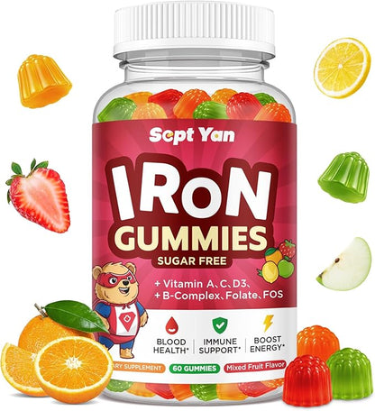 Iron Supplement Gummies for Kids, Kids Multivitamin with Iron - Vitamin B Complex, C, D3, Calcium, Folate, Zinc, FOS for Blood Builder & Energy Support, Iron Deficiency, Vegan,Mixed Fruit Flavor,60 ct