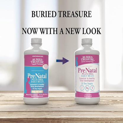 Buried Treasure Prenatal Plus DHA Complete, 16 oz Orange Banana Flavor, High Potency Liquid Formula Supplement for Before, During, Post Pregnancy, Natural DHA Omega3 Iron Vegetarian Safe w/Dose Cup