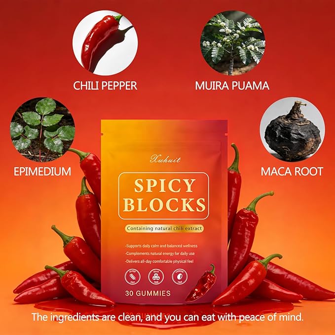 Spicy Blocks for Couples - Peach Flavor Intimacy Gummies, with Maca and Traditional Botanicals, Romantic Mood Enhancer for Women & Men (1)