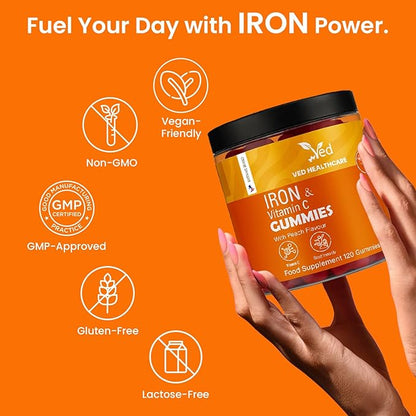 Ved Iron Supplement Gummies 12.5 mg for Women & Men - Iron Gummies with Vitamin C - Chewable Prenatal & Adult 120 Iron Gummies