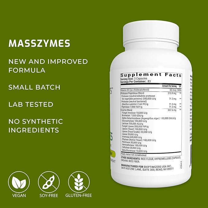 BiOptimizers MassZymes - Complete Digestive Enzymes Supplement for Gut Health - Bloating Relief for Men and Women - Lipase Amylase Bromelain Digestive Enzymes (250 Capsules)