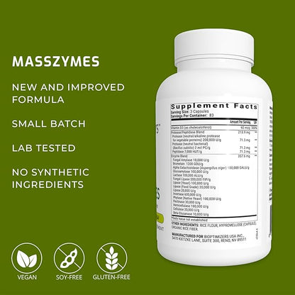 BiOptimizers MassZymes - Complete Digestive Enzymes Supplement for Gut Health - Bloating Relief for Men and Women - Lipase Amylase Bromelain Digestive Enzymes (250 Capsules)