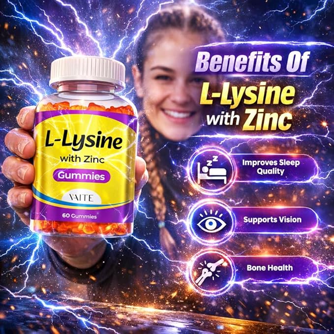 L Lysine Gummies 1000mg with Zinc - Supports Skin, Lip, Vegan, Gluten Free, 60 Chewable L-Lysine for Adults, Vitamins Tissue Health & Immune System, Amino Acid & Complex Supplements, Non-GMO(2Pack)