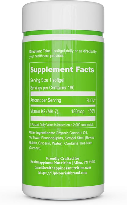 UpNourish Liposomal Vitamin K2 MK7 180 mcg - 180 K2 Vitamin Supplement Softgels for Women and Men - VIT K2 MK-7 with High Absorption