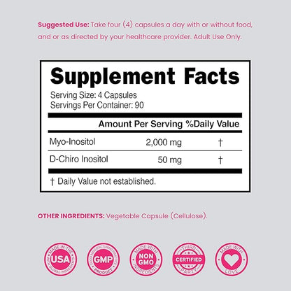 Myo-Inositol & D-Chiro Inositol Supplement For Women (360 Capsules, 2050mg Per Serving Ideal 40:1 Ratio Myo Inositol) Hormone Balance for Women - Third Party Tested, Vegan Safe & USA Made - 360 Count