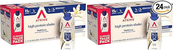 Atkins Creamy Vanilla Protein Shake, 15g Protein, Low Glycemic, 2g Net Carb, 1g Sugar, Keto Friendly, 12 Count (Pack of 2)