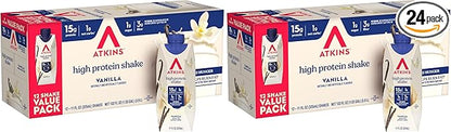 Atkins Creamy Vanilla Protein Shake, 15g Protein, Low Glycemic, 2g Net Carb, 1g Sugar, Keto Friendly, 12 Count (Pack of 2)