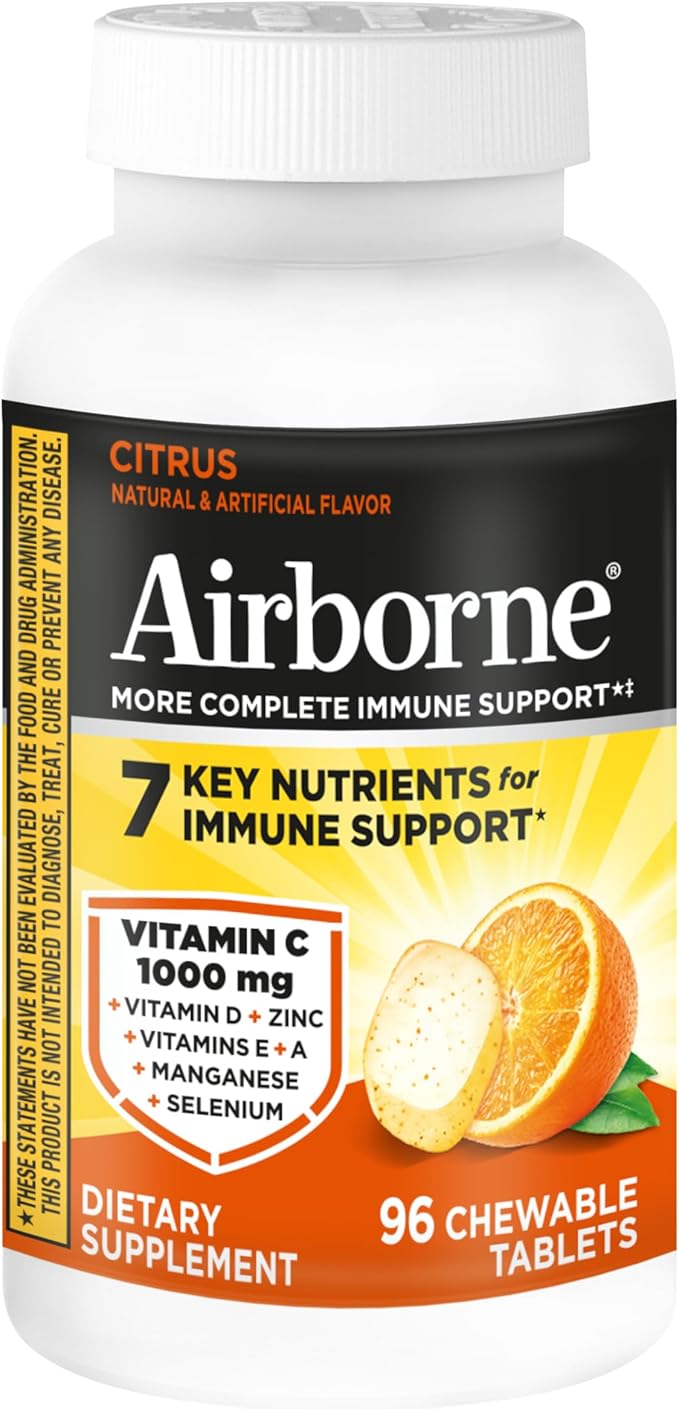 Airborne Vitamin C 1000mg (per Serving) - Citrus Chewable Tablets (96 Count in a Box) - Packaging May Vary