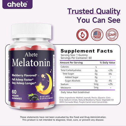 Melatonin 5mg Gummies for Adults, Raspberry Flavor Sleep Aid, Sugar-Free, 60 Gummies, 60 Days Supply