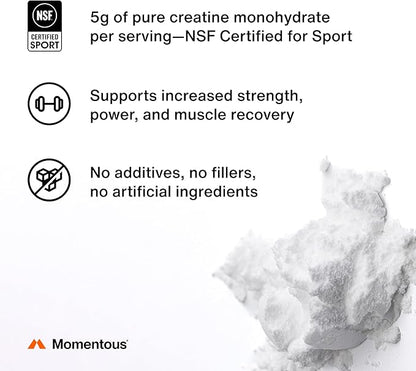 Momentous Creatine Monohydrate Powder - Creatine Powder - Supports Strength, Lean Muscle, & Recovery for Men & Women - NSF Certified for Sport - 5 g per Serving - 90 Servings