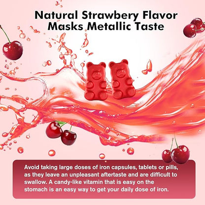 Iron Supplement for Women & Men Gummies, Multivitamin Blood Builder Iron Supplement with Folate Vitamin C B12 B6 Zinc for Adults & Kids - Energy Support - Cherry Flavor, Vegan 60 Gummies