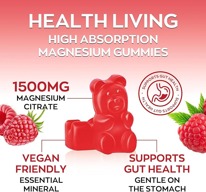 High Absorption Magnesium Gummies for Adults，Magnesium Supplement for Muscle, Nerve, Bone and Heart Support, Vegan, Non-GMO，Raspberry Flavor (60 Count（Pack of 1）)