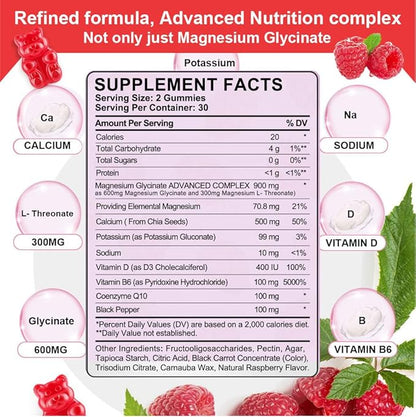 900mg Magnesium Glycinate Gummies, 65 Count, Sugar Free Magnesium Complex with L-Threonate, Potassium, Vitamin D, B6, CoQ10 Supplement for Relaxation, Raspberry Flavor