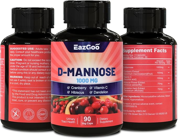 D-Mannose Supplement – 1000mg Capsules with Cranberry, Vitamin C, Hibiscus & Dandelion Extract, Support Urinary Health, D Mannose & Cranberry Capsules, 90 Count