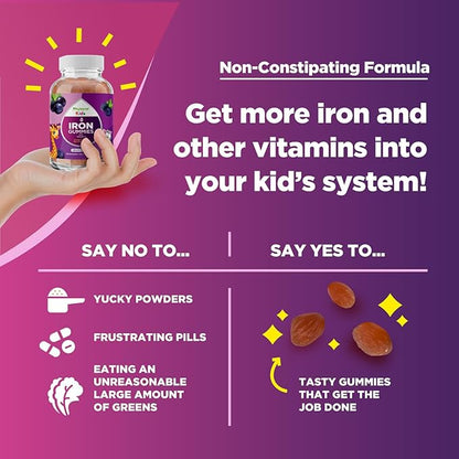Iron Gummies with Vitamin C for Kids - Blood Builder Iron Supplements for Kids with Gentle for Stronger Immunity & Energy Support - Vitamin B6, B12, A, Niacin & Folate Gummies - Vegan & GMO -120 Count