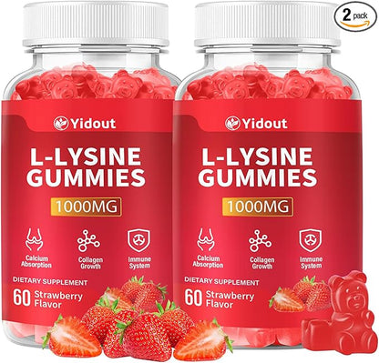 L-Lysine 1000mg Gummies for Immune Support & Skin Health -Chewable Lysine Supplement for Adults, Sugar-Free, Natural Strawberry Flavor, Gluten-Free (60 Count（Pack of 2）)