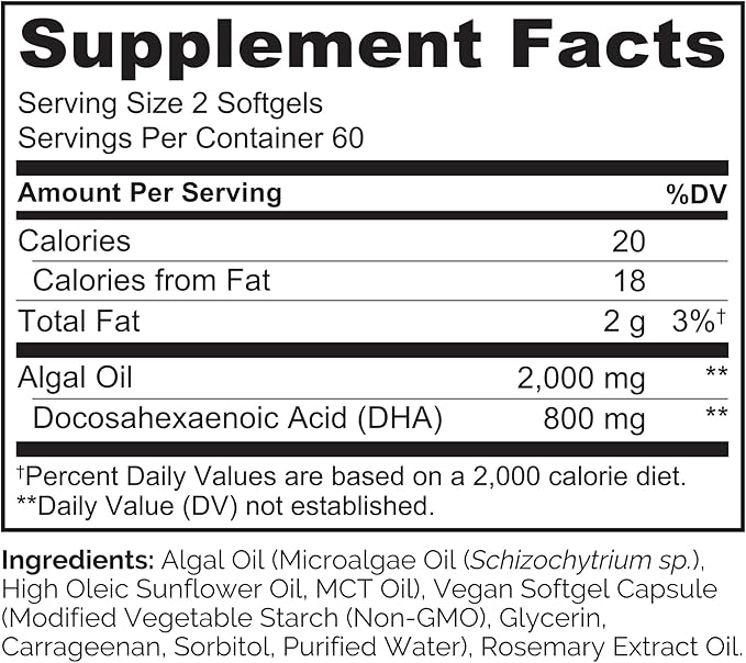 NATURELO Vegan DHA, Vegan Omega 3 Supplement, 120 Softgels, Supports Brain/Heart/Eye Health, Complements Prenatal Vitamins, Essential Fatty Acids, Omega 3 Supplement for Women & Men