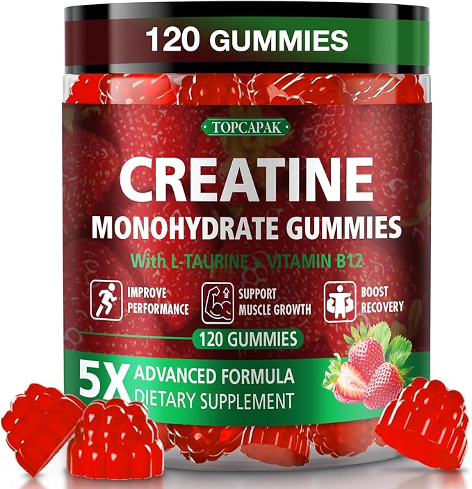 Creatine Gummies for Men & Women - Chewable Creatine Monohydrate Gummies with Taurine & Vitamin B12, 5g Creatine per Serving, Vegan, Strawberry Flavor, 120 Count
