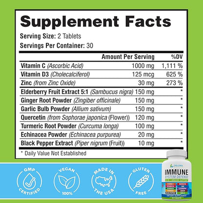 10 in 1 Immune System Support Supplement - Vitamin C (1000 mg), Quercetin, Vitamin D3 (5000iu), Zinc (40 mg), Elderberry, Echinacea, Turmeric, Ginger, Garlic, Black Pepper
