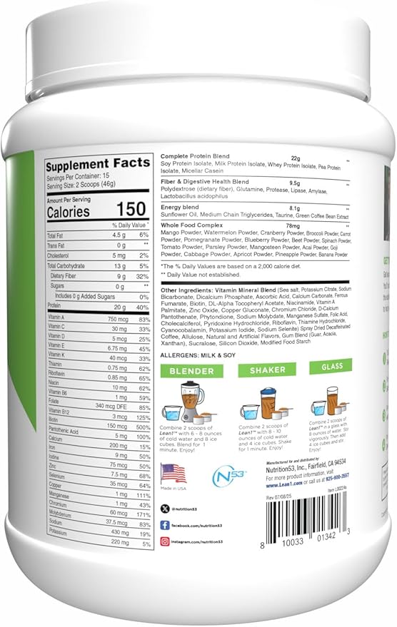 N53 Lean1 Meal Replacement Protein Powder, Cafe Latte Flavor, 15 Serving tub, No Sugar Added