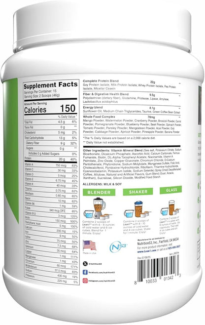 N53 Lean1 Meal Replacement Protein Powder, Cafe Latte Flavor, 15 Serving tub, No Sugar Added