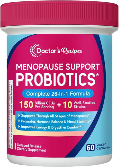 Doctor's Recipes Menopause Probiotic Supplements for Women, Black Cohosh for Menopause Hot Flashes, Probiotics with Ashwagandha, Dong Quai, Supports Energy, 60 Capsules