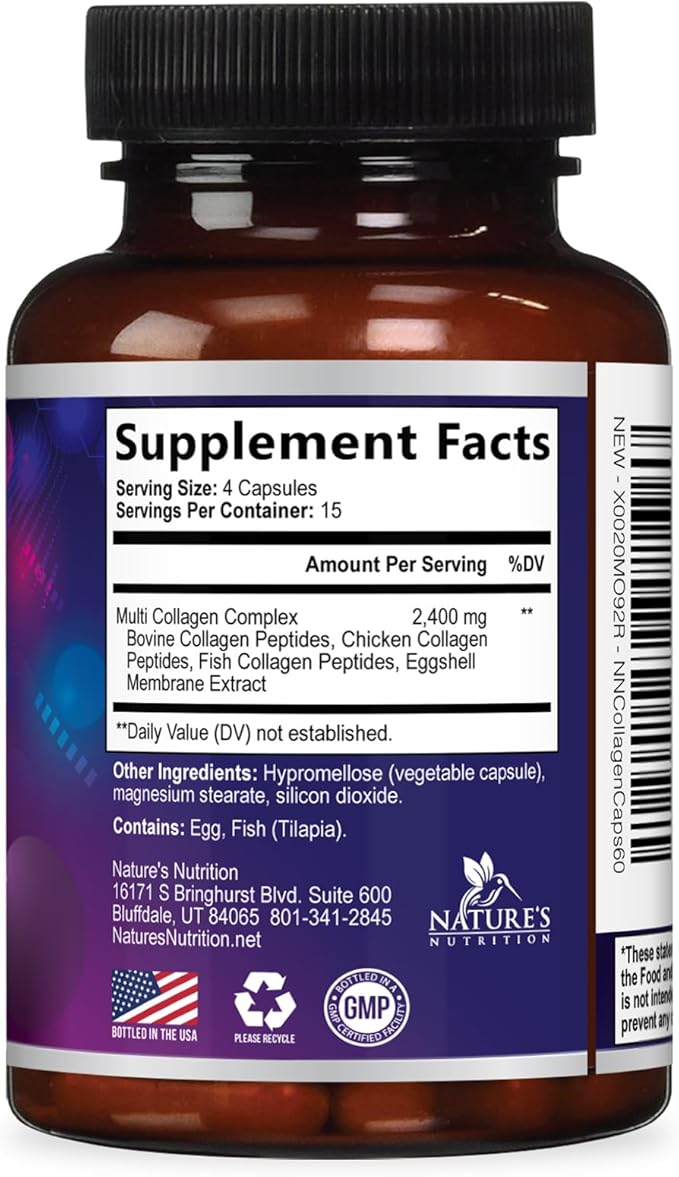 Multi Collagen Pills 2400 mg Per Serving - Advanced Types I, II, III, V, X - Hydrolyzed Multi Collagen Peptides Pills Supplement for Women & Men - Hair, Skin, & Nail Support Supplements - 60 Capsules