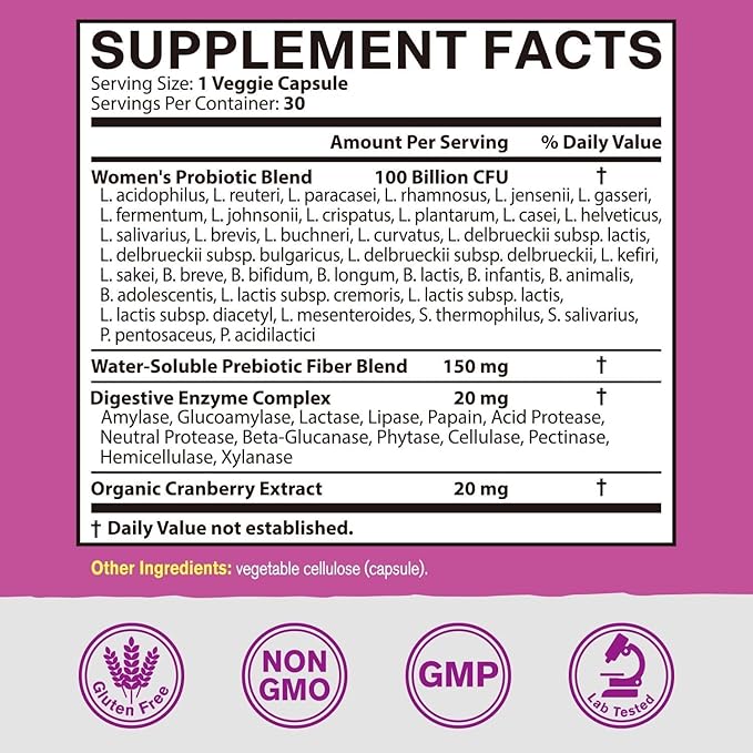 Probiotics for Women 100 Billion CFU 36 Strains, Women's Probiotic with Prebiotics & Digestive Enzymes, Organic Cranberry, Boost Digestive, Vaginal & Urinary Health, 30 Vegan Caps