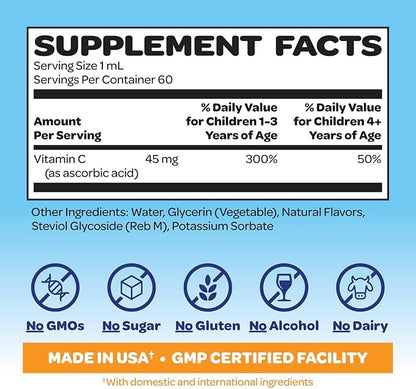 Smurfs Liquid Vitamin C for Kids Immune Support | High Strength Kids Vitamin C Drops | Ages 1 & Up | Vegan Non-GMO & No Artificial Flavors or Colors | No Added Sugar | Orange Flavor | 60 Servings
