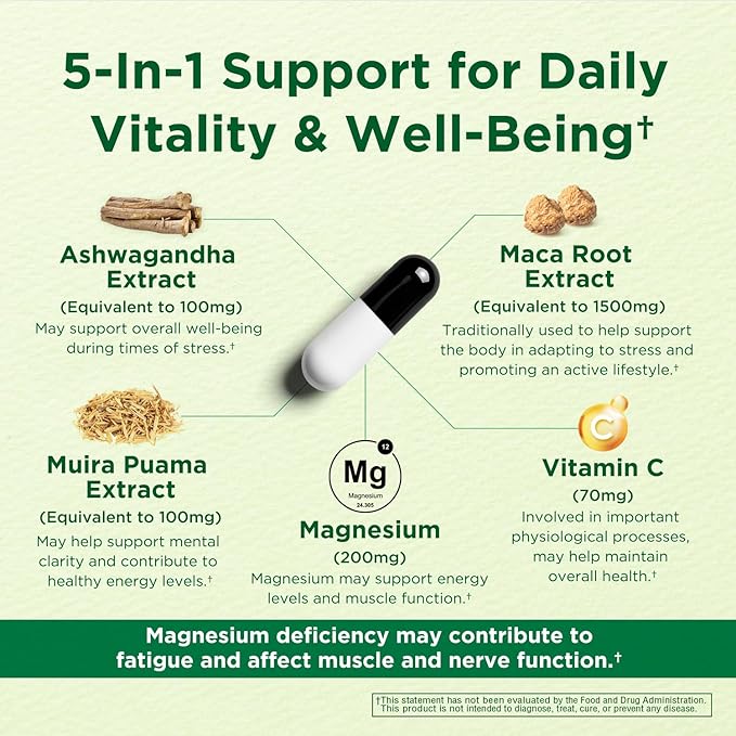 Caffeine Free Natural Energy Boost with Ashwagandha, Maca & Magnesium - Support Stress Relief, Focus & Mood - 60 Capsules by Innervis Nutrition
