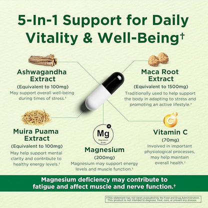 Caffeine Free Natural Energy Boost with Ashwagandha, Maca & Magnesium - Support Stress Relief, Focus & Mood - 60 Capsules by Innervis Nutrition