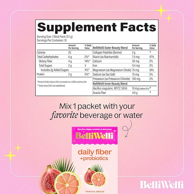 Belli Welli Fiber Supplement, Probiotics Fiber Powder Travel Pack for Women with Collagen & Electrolytes for Daily Gut Health & Debloating, Tropical Breeze, 10 Packets