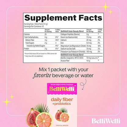 Belli Welli Fiber Supplement, Probiotics Fiber Powder Travel Pack for Women with Collagen & Electrolytes for Daily Gut Health & Debloating, Tropical Breeze, 10 Packets