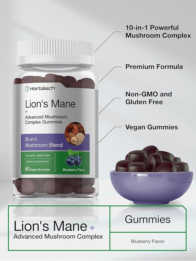 Horbaach Lions Mane Supplement | 60 Gummies | 10-in-1 Mushroom Complex | with Turkey Tail, Reishi, Cordyceps, Chaga, Maitake, and Shiitake | Blueberry Flavor | Non-GMO & Gluten Free
