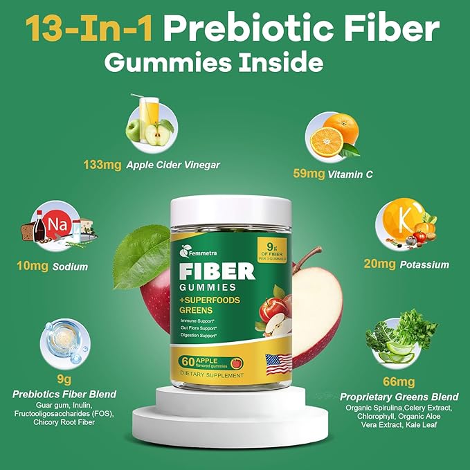9G Fiber Gummies for Digestive Health & Regularity - No Sugar Added Apple Flavor - Prebiotic Fiber Supplement with Greens - Daily Gummies for Adults, Women & Men - 60CT