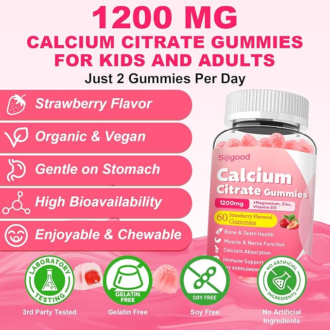 Calcium Citrate Gummies, Calcium Supplements for Women & Men, High Absorption Calcium Gummies with Vitamin D3, Magnesium & Zinc for Muscle, Bone & Immune Support, Strawberry Flavor, 60 Count
