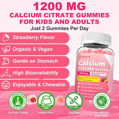 Calcium Citrate Gummies, Calcium Supplements for Women & Men, High Absorption Calcium Gummies with Vitamin D3, Magnesium & Zinc for Muscle, Bone & Immune Support, Strawberry Flavor, 60 Count
