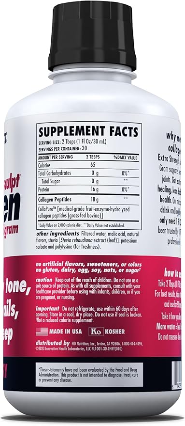 HEALTH DIRECT AminoSculpt Sugar-Free Collagen Supplement - High Potency Medical-Grade Protein for Hair, Skin, Nails & Joints, Grass-Fed, Non-GMO, Liquid Collagen - Tart Cherry - 30 Fl Oz